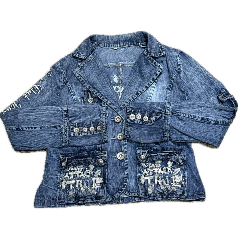🧥🕺 RAYBAN x LUJ Y2K‎ Blue Denim Jean Jacket | EU Club Scene Sz 4 - Picture 3 of 12